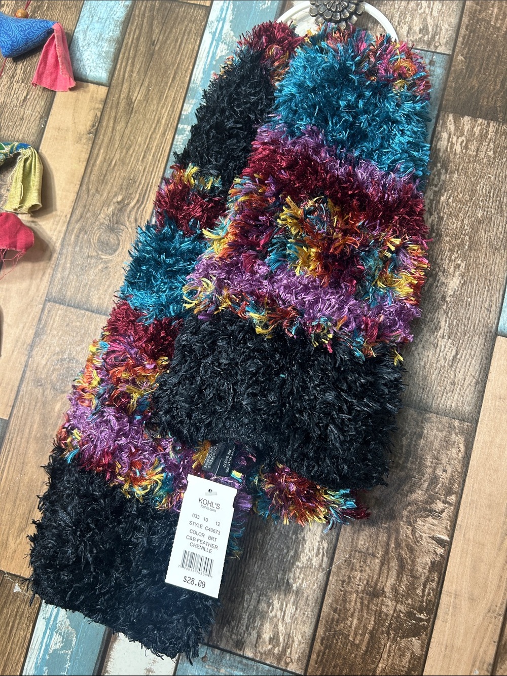 Black Fuzzy Scarf with Teal, Purple, Pink & Yellow Accents